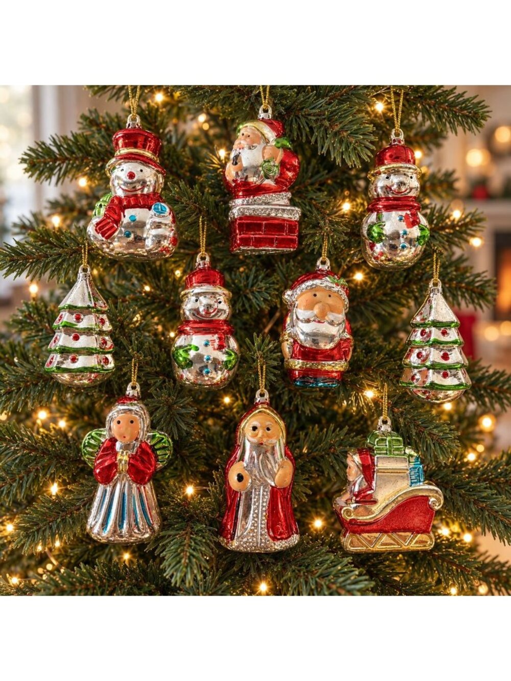 10 Pc Christmas Tree Ornaments Silver Plastic Santa Snowman Angel Sleigh Vintage